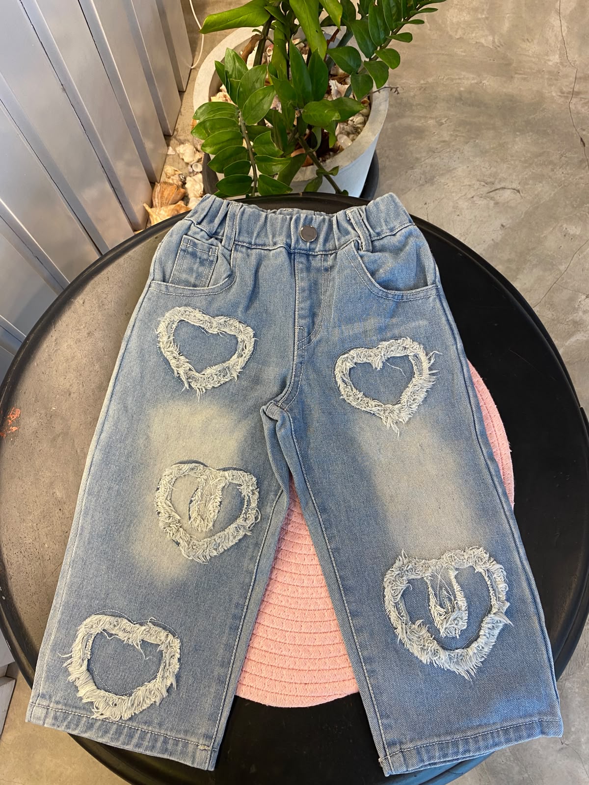 Baby Girls Blue Washed Frayed Heart Shaped Distressed Denim | 1 - 2Y