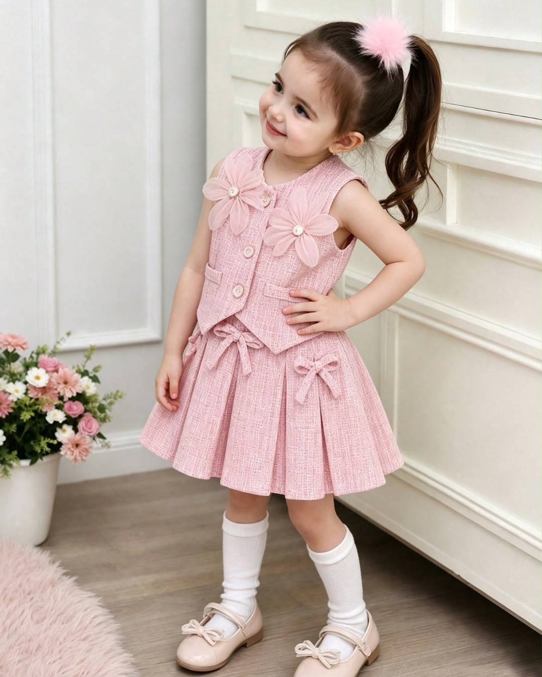 Baby Girls Sweet Pink Floral Sleeveless Top & Skirt Set | 6M - 3Y