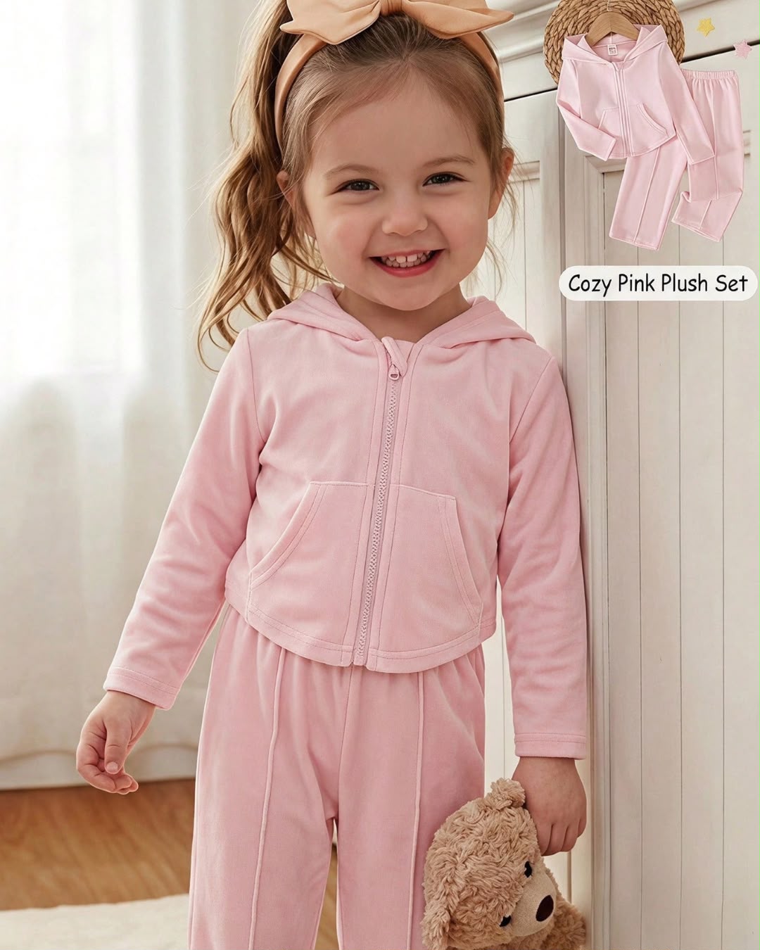 Baby Girls Cozy Light Pink Hoodie Top & Wide Leg Pants Set | 6M - 3Y