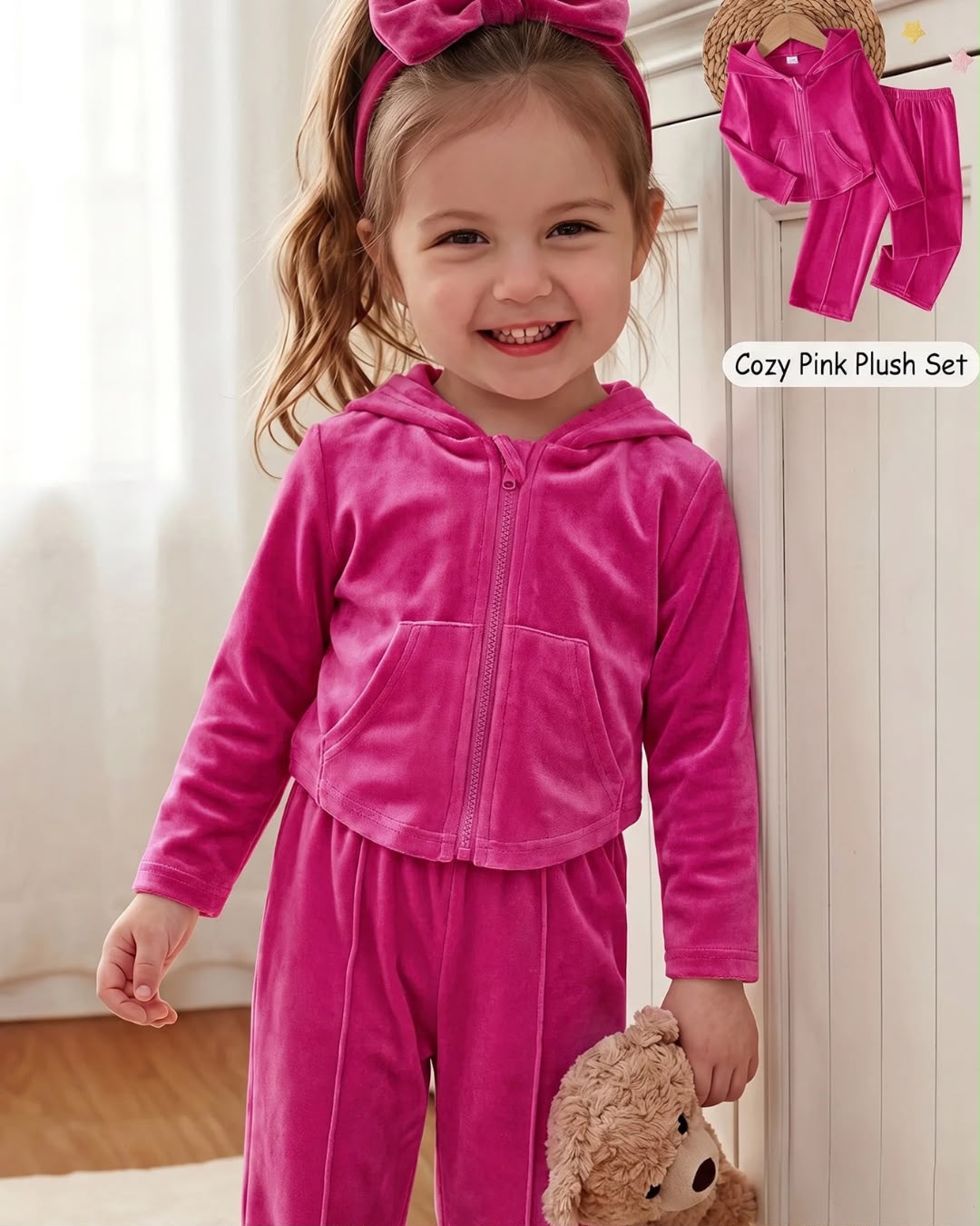 Baby Girls Cozy Hot Pink Hoodie Top & Wide Leg Pants Set | 6M - 3Y