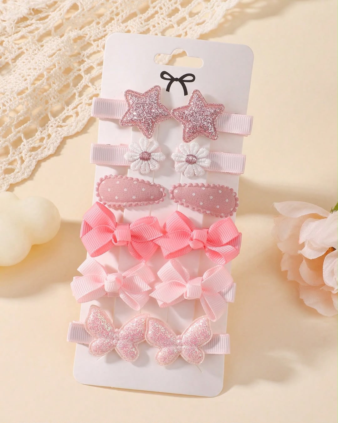 BB Pink Glitter & Bow Hair Clips Set