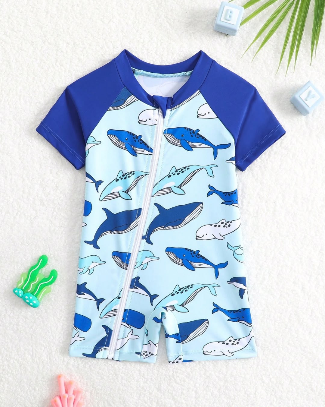 Newborn Blue & White Cartoon Sharks Printed Front Zipper One-piece Swimsuit | 0-1M