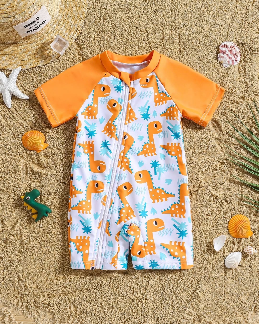 Newborn Orange & White Cartoon Dino Printed Short Sleeve One-piece Swimsuit | 0M - 6M