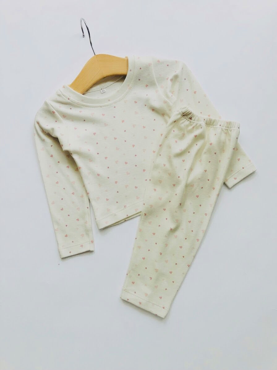 TCB Pink Heart Printed White Long Sleeve PJ Set