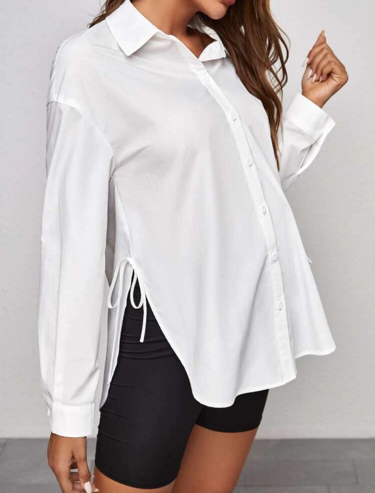 Maternity Drop Shoulder Knot Side Shirt With Long Sleeve - White