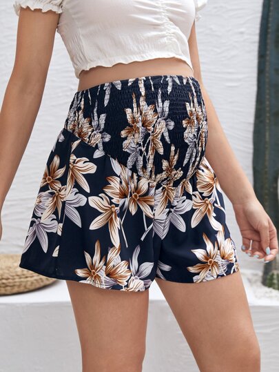 Maternity Floral Print Shirred Waist Shorts