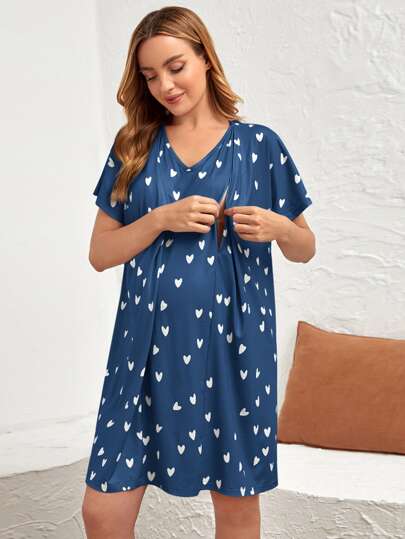 Maternity Heart Blue Batwing Sleeve Labor & Delivery Gown