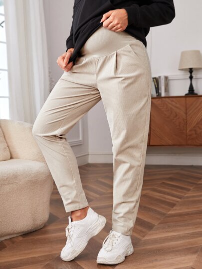 Maternity Fold Pleated Solid Pants- Beige