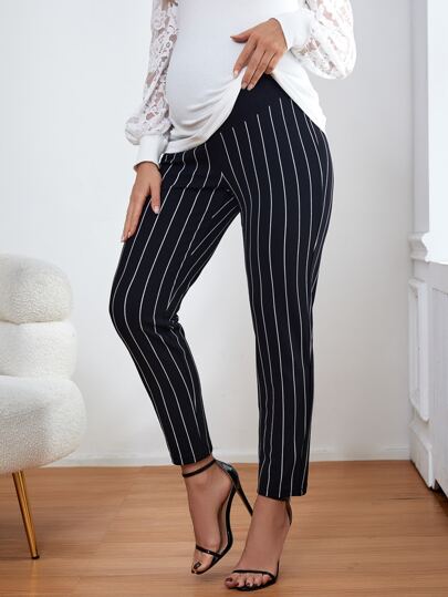 Maternity Vertical Striped Adjustable Elastic Waist Skinny Pants