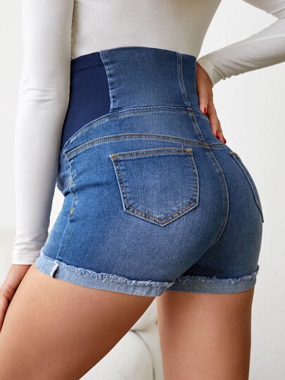 Maternity Wideband Waist Roll Hem Denim Shorts