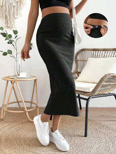 Maternity Adjustable Waist Ribbed Knit Split Back Skirt