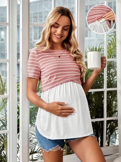 Maternity Striped Print Peplum Nursing Tee