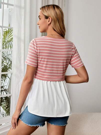 Maternity Striped Print Peplum Nursing Tee