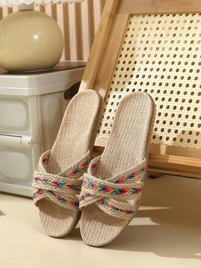 Women's Colorful Woven Detailing & Patchwork Linen Slippers