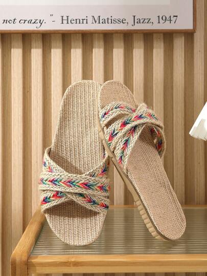 Women's Colorful Woven Detailing & Patchwork Linen Slippers