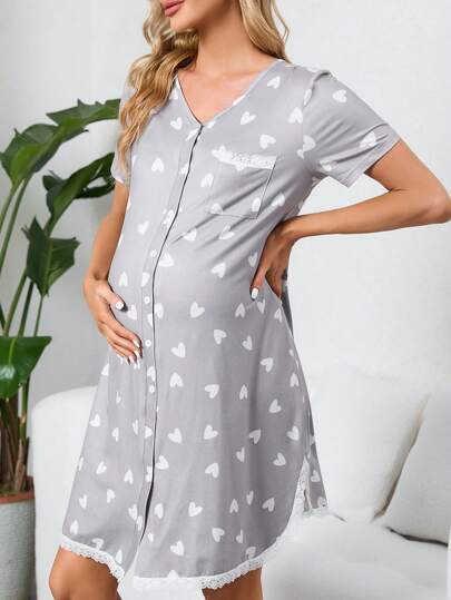 Heart Print Lace Trim Button Front, Labor & Delivery Gown