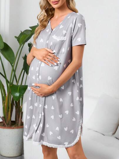 Heart Print Lace Trim Button Front, Labor & Delivery Gown