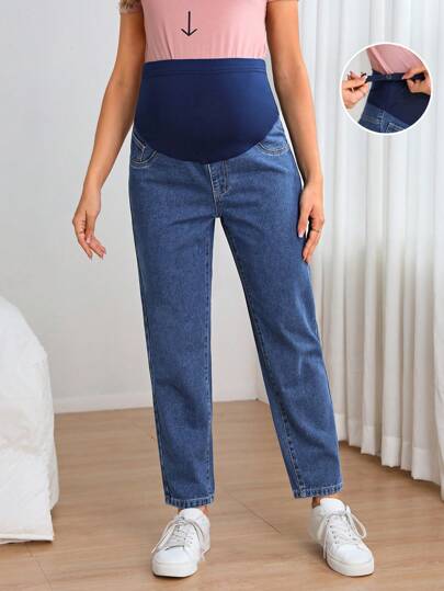 Maternity Wide Waistband Adjustable Waist Straight Leg Jeans - Dark Wash