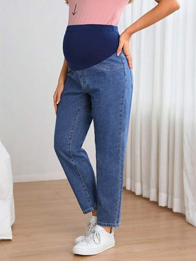 Maternity Wide Waistband Adjustable Waist Straight Leg Jeans - Dark Wash