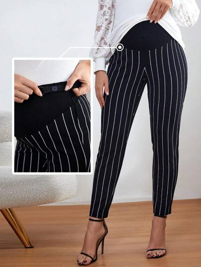 Maternity Vertical Striped Adjustable Elastic Waist Skinny Pants