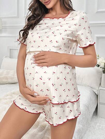 Maternity Cherry Print Lettuce Trim Nursing Detail Tee & Adjustable Shorts PJ Set