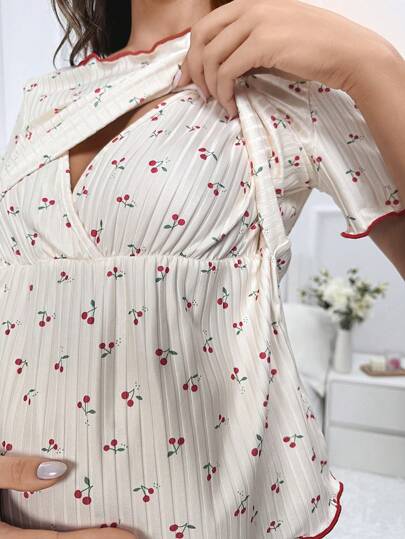 Maternity Cherry Print Lettuce Trim Nursing Detail Tee & Adjustable Shorts PJ Set