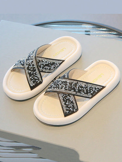 Rhinestone Detailed Cross-Strap Slippers