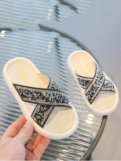 Rhinestone Detailed Cross-Strap Slippers