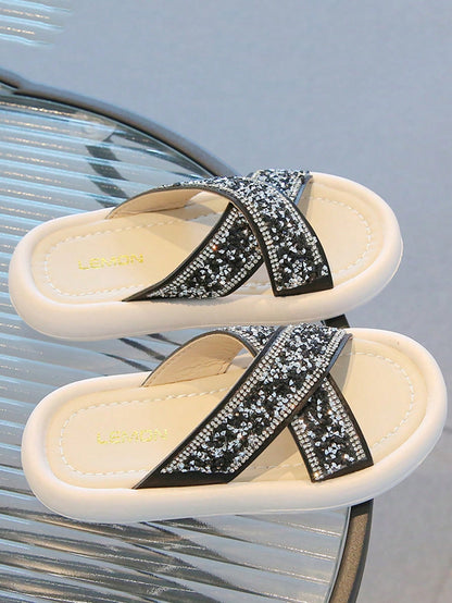 Rhinestone Detailed Cross-Strap Slippers