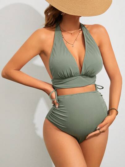 Summer Beach Maternity Deep V-Neck Halter Bikini Set