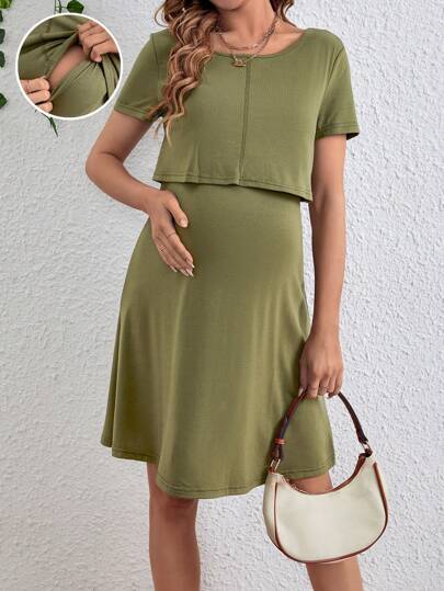 Maternity Round Neck Short Sleeve Nursing Dress