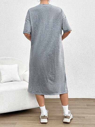 Maternity Casual Loose Fit Midi T Shirt Dress with a side slit