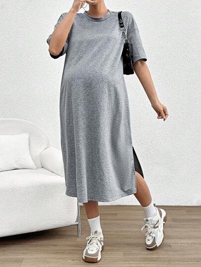 Maternity Casual Loose Fit Midi T Shirt Dress with a side slit