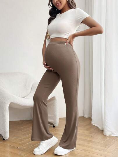Solid Color Simple Maternity Daily Pants -  Coffee Brown