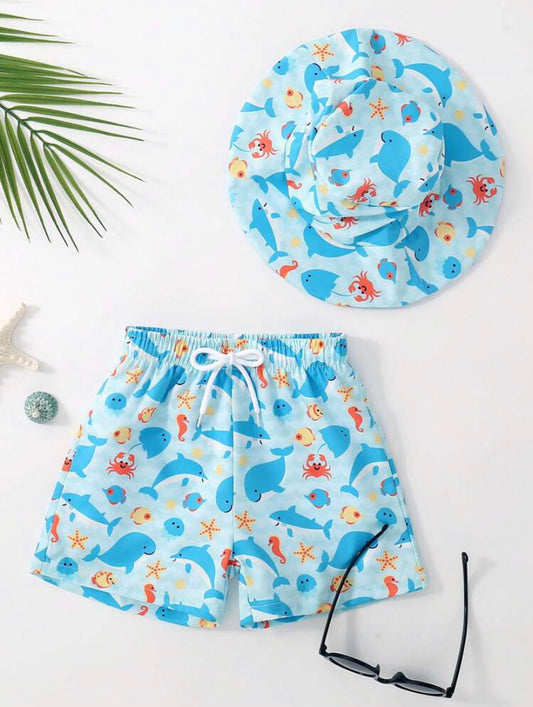 Ocean splash baby boy drawstring swim trunk + cap |9M-3Y