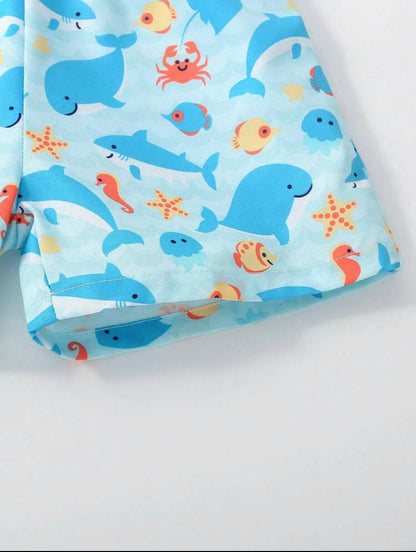 Ocean splash baby boy drawstring swim trunk + cap |9M-3Y