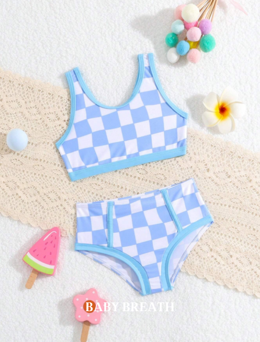 Baby girl White & Light Blue Square Bikini set | 6M-3Y