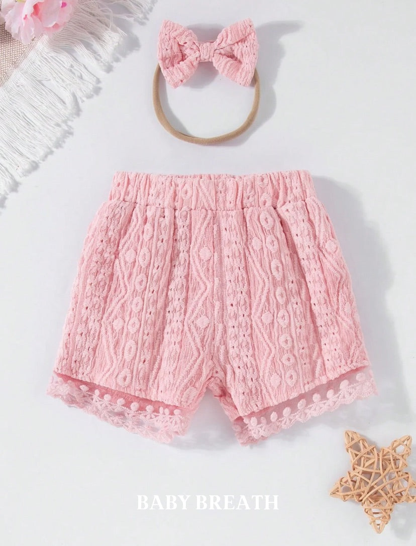 Baby Pink Crochet Overlay Short & Hair Band | 3M-3Y