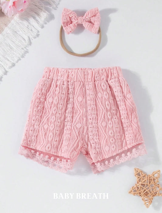 Baby Pink Crochet Overlay Short & Hair Band | 3M-3Y