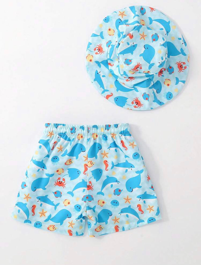 Ocean splash baby boy drawstring swim trunk + cap |9M-3Y