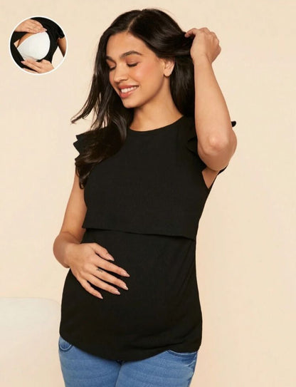 Round Neck Ruffle Trim Sleeves nursing T-Shirt