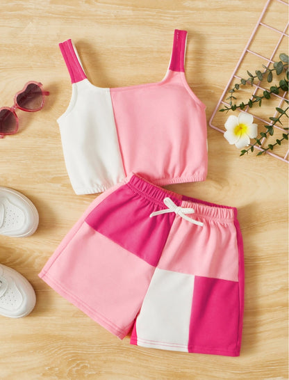 Young Girls Colorblock Tank Top & Tie Front Shorts Set | 3Y-6Y