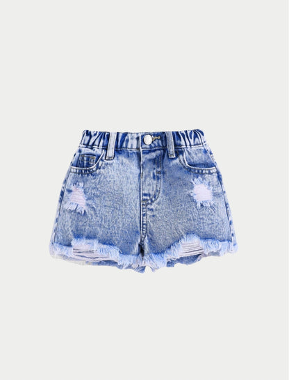 Young Girls Stone Blue Ripped Short Denim | 4Y-7Y