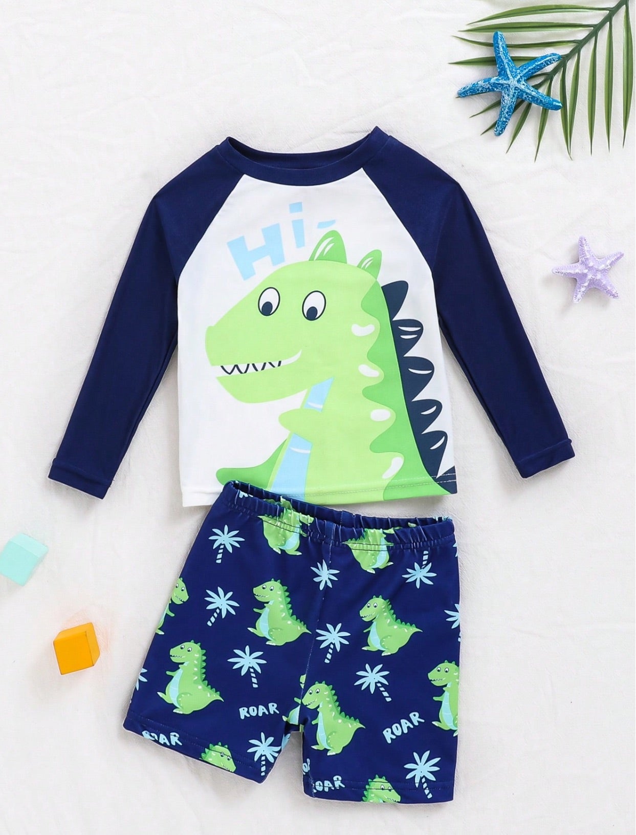 Baby Boys Cartoon Dino Long Sleeve Top & Swim Short | 6M-3Y