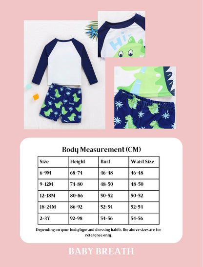 Baby Boys Cartoon Dino Long Sleeve Top & Swim Short | 6M-3Y