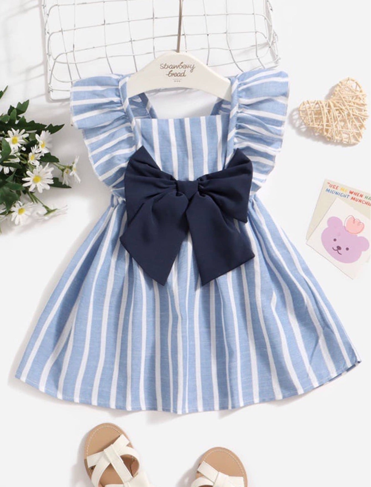 Baby Girls Vertical Striped Bow Front Ruffle Sleeve Dress | 6M-3Y