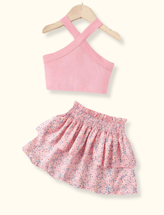 Young Girls Pinky Cami Top & Elastic Waist Floral Skirt | 4Y-7Y