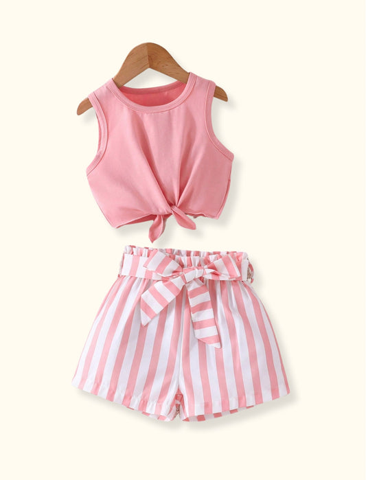 Young Girls Knot Tank Top & Striped Print Waist Belted Short | 4Y-7Y