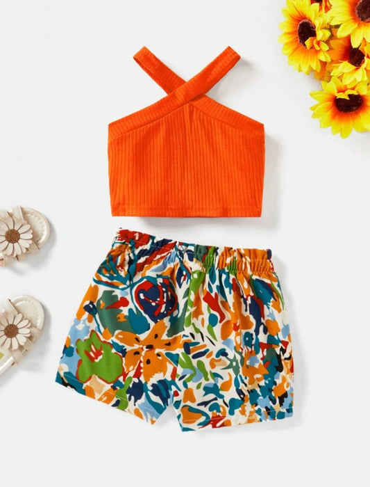 Cross Strap Halter Top & Jacquard Floral Patterned Short | 6M-3Y