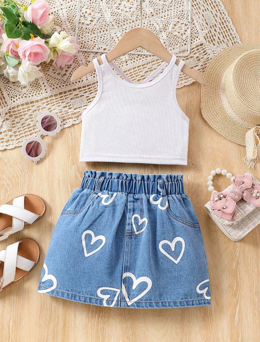 Young Girls Striped Crop Top & Heart Print Denim Skirt | 4Y-7Y